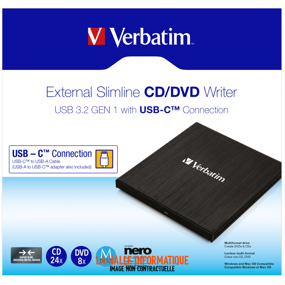 Graveur DVD externe Verbatim Slimline USB-C (Noir)